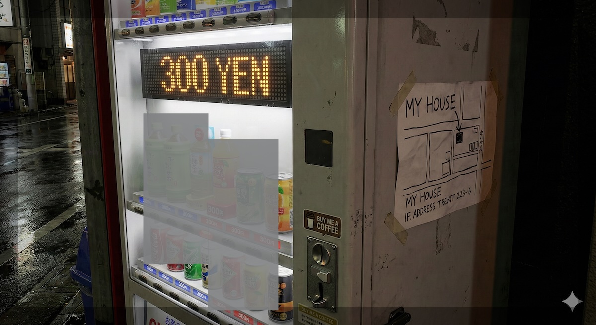 巨大プラットフォーム(一例を挙げると、Zenn, note, …)は広場の自動販売機のようだ。300円の知恵を売ろうとした際に直面する「特商法(特定商取引に関する法律)」の壁。自宅の地図を自販機の側面に晒さなければならない不条理を視覚化した一枚。